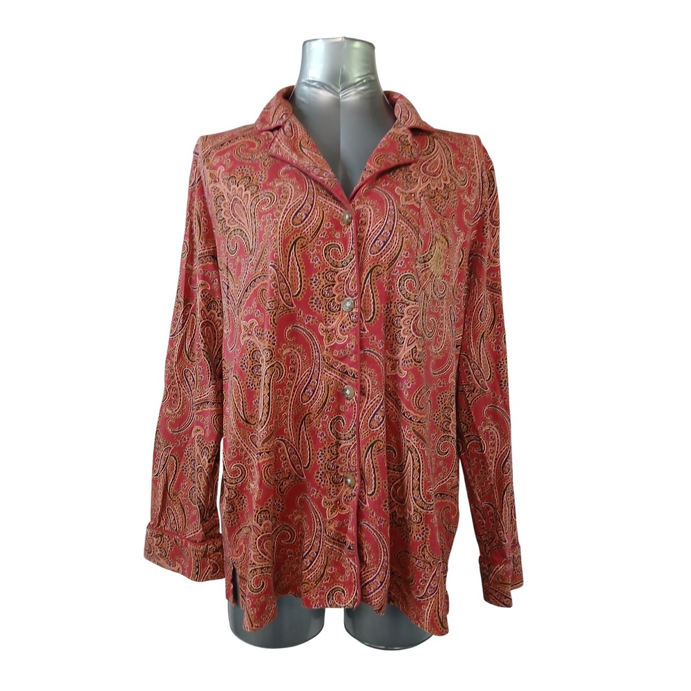 Lauren Ralph Lauren Womens Lg Red Paisley Button Down Pajama Top Loungewear Knit